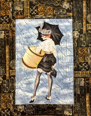 "Rain in Paris" Row edge applique and free motion thread painting.